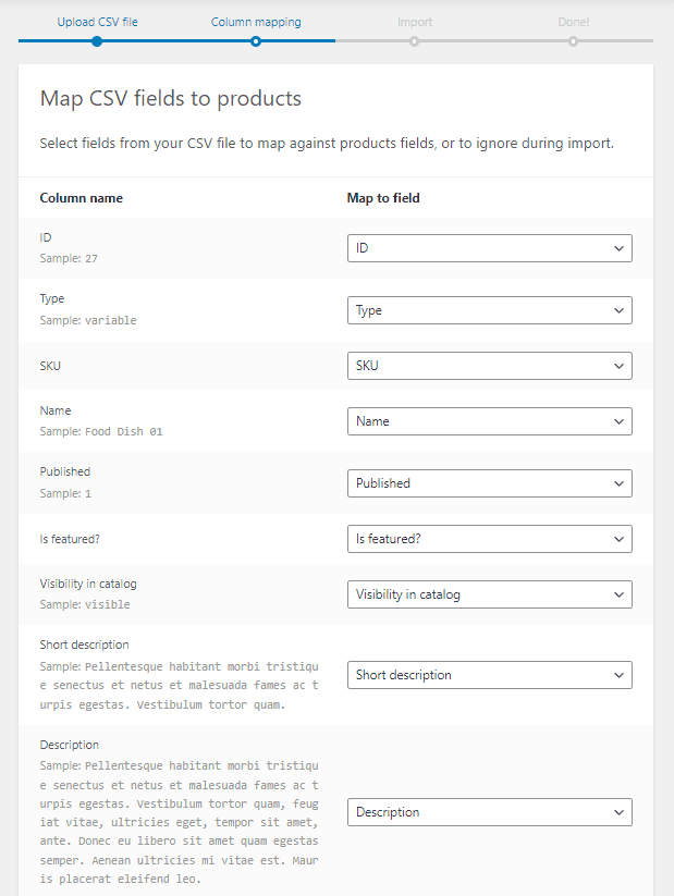 set products fields in column mapping page