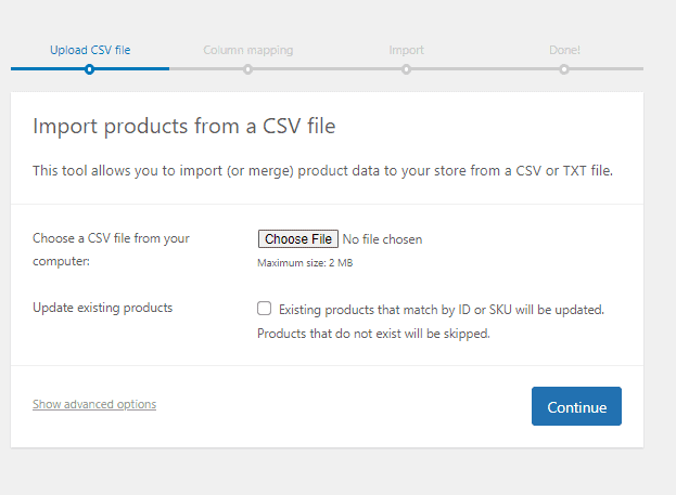 Choose final CSV file to import products, in upload csv file page