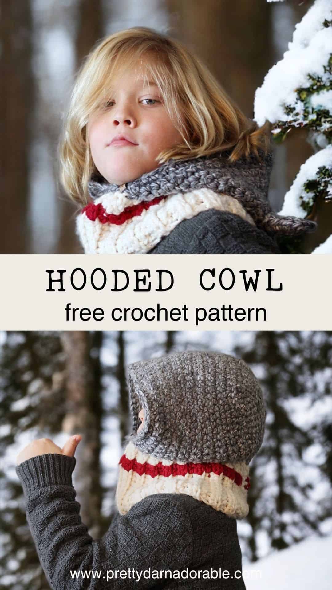 boy wearing crochet hooded cowl with sock monkey type colours cream cowl with red and grey hood