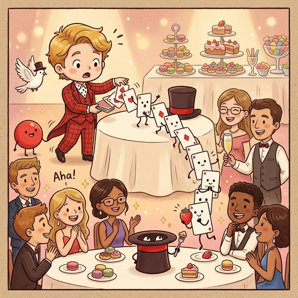 【ユニコン】高岡市で友活パーティー開催!5月30日(土)御旅屋セリオ7階Duoでマジック&トークの楽しい夜 2 友活パーティーでテーブルマジックを披露するコンプレッサーのイラスト スイーツバイキングとトランプマジックで盛り上がる会場