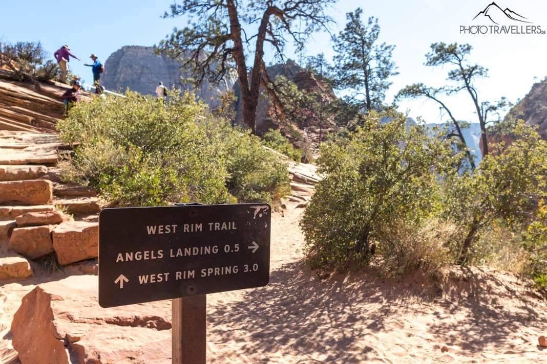 Ein Wegweiser am Scout's Overlook zu Angels Landing