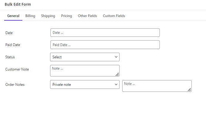 Bulk edit form in WooCommerce bulk orders editing plugin