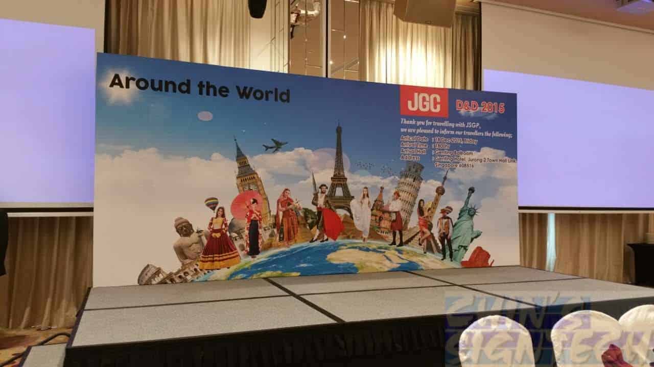 18 x 8ft JGC Dinner and dance stage backdrop with around the world design
