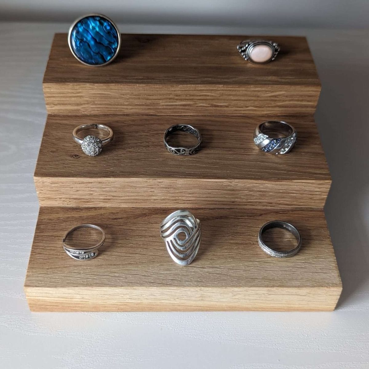 3 Tier Ring Display, Crystal Display Stand - Solid Oak