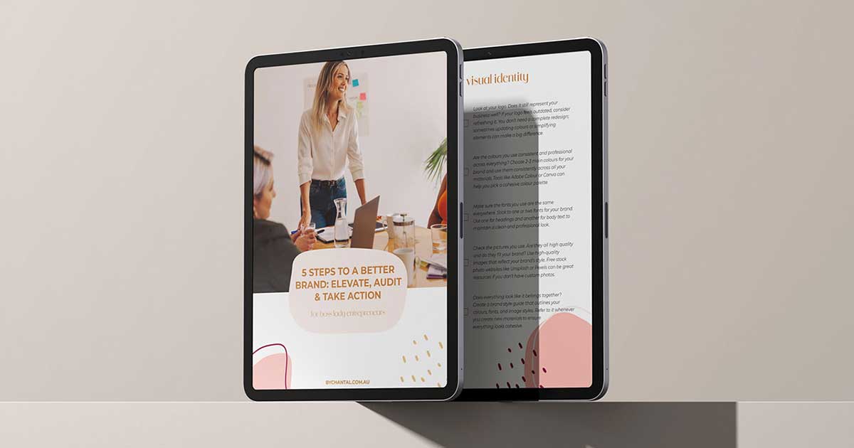 Free Resources 1 Two iPads showing 5 Steps to a Better Brand freebie and visual identity content.