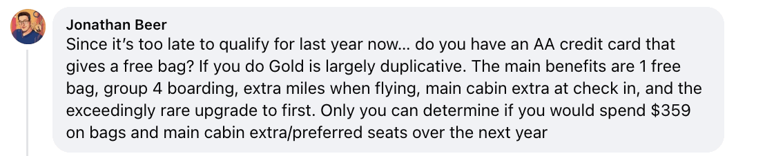 AAdvantage Gold Status Benefits: A Practical, No-Fluff Guide 8 comment from Facebook about overlap with credit card benefits