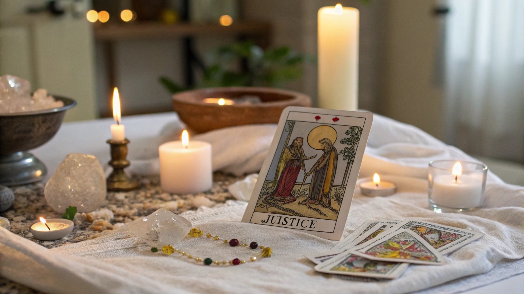 La carte de la Justice du tarot sur un autel avec des bougies, représentant le signe du zodiaque du 22 octobre