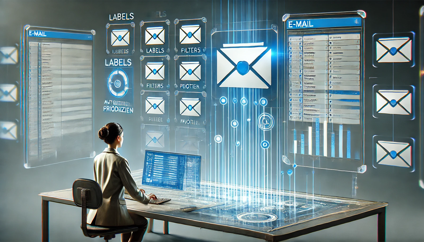 DALL·E 2025-01-29 12.18.06 - Ein modernes, professionelles Bild, das E-Mail-Management darstellt. Ein digitales Dashboard zeigt eine organisierte E-Mail-Inbox mit Labels, Filtern