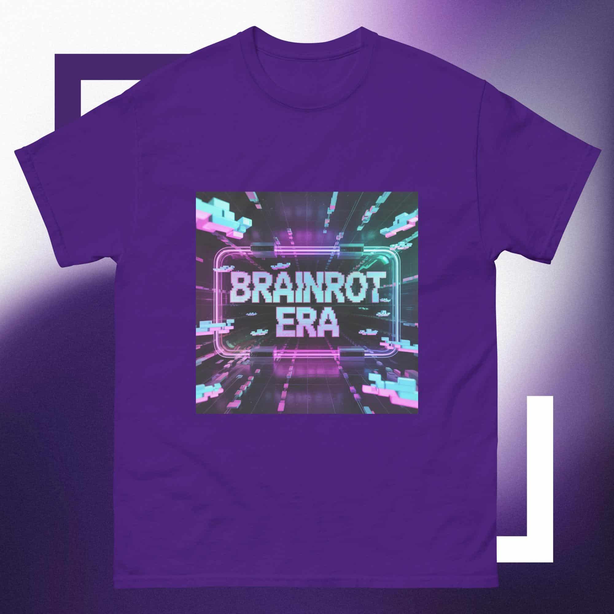 Purple Brainrot Era T-Shirt with a neon pink and blue cyberpunk design. Gen Z glitchcore aesthetic, comfortable cotton streetwear tee with a retro-futurism vibe.