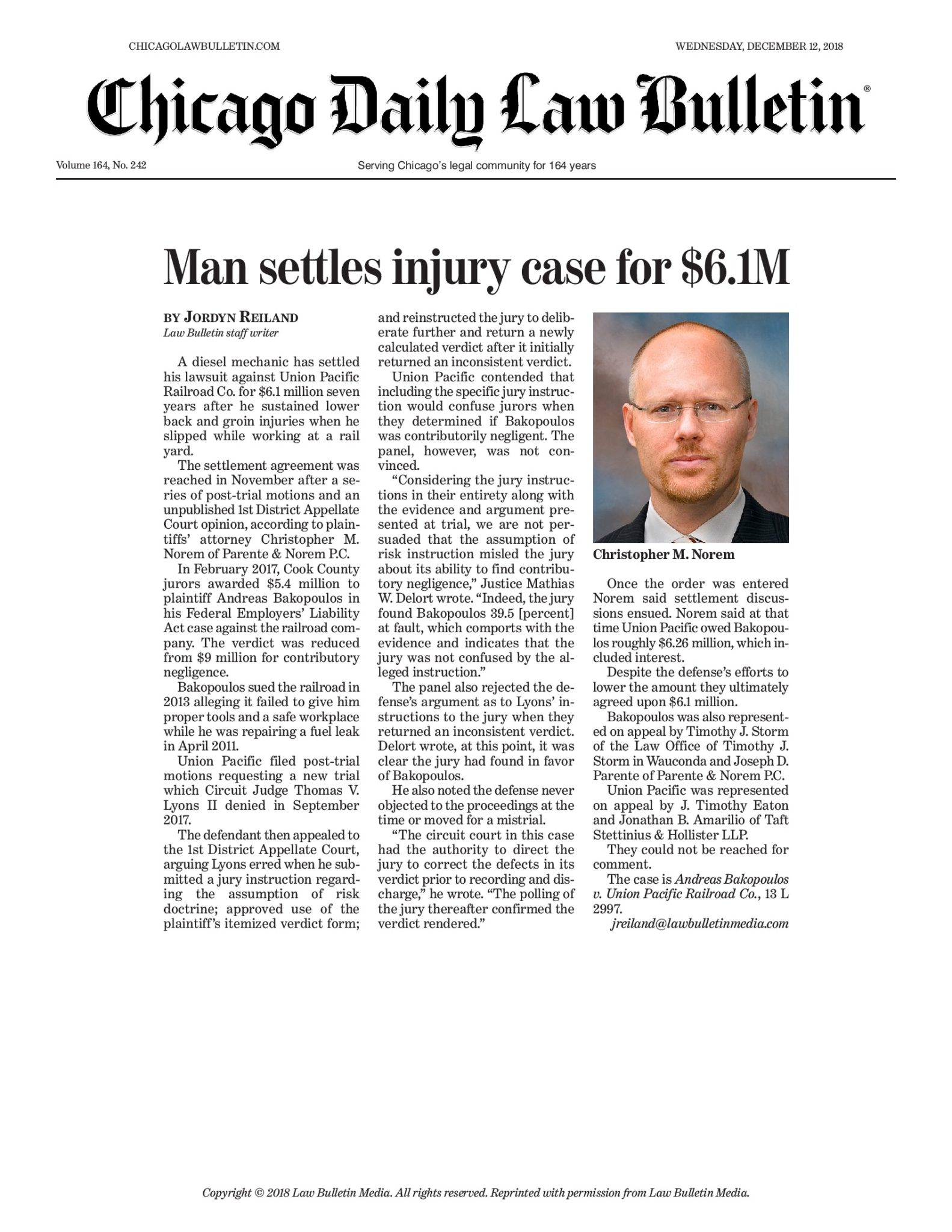 Man settles injury case for $6.1M, including $700K in post judgment interest, after the verdict was affirmed by the Appellate court. 9 Workplace attorney