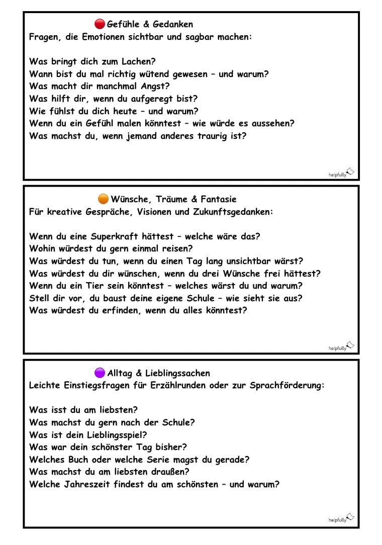 Offene Fragen für Kinder als Liste im Kartenformat zum Download