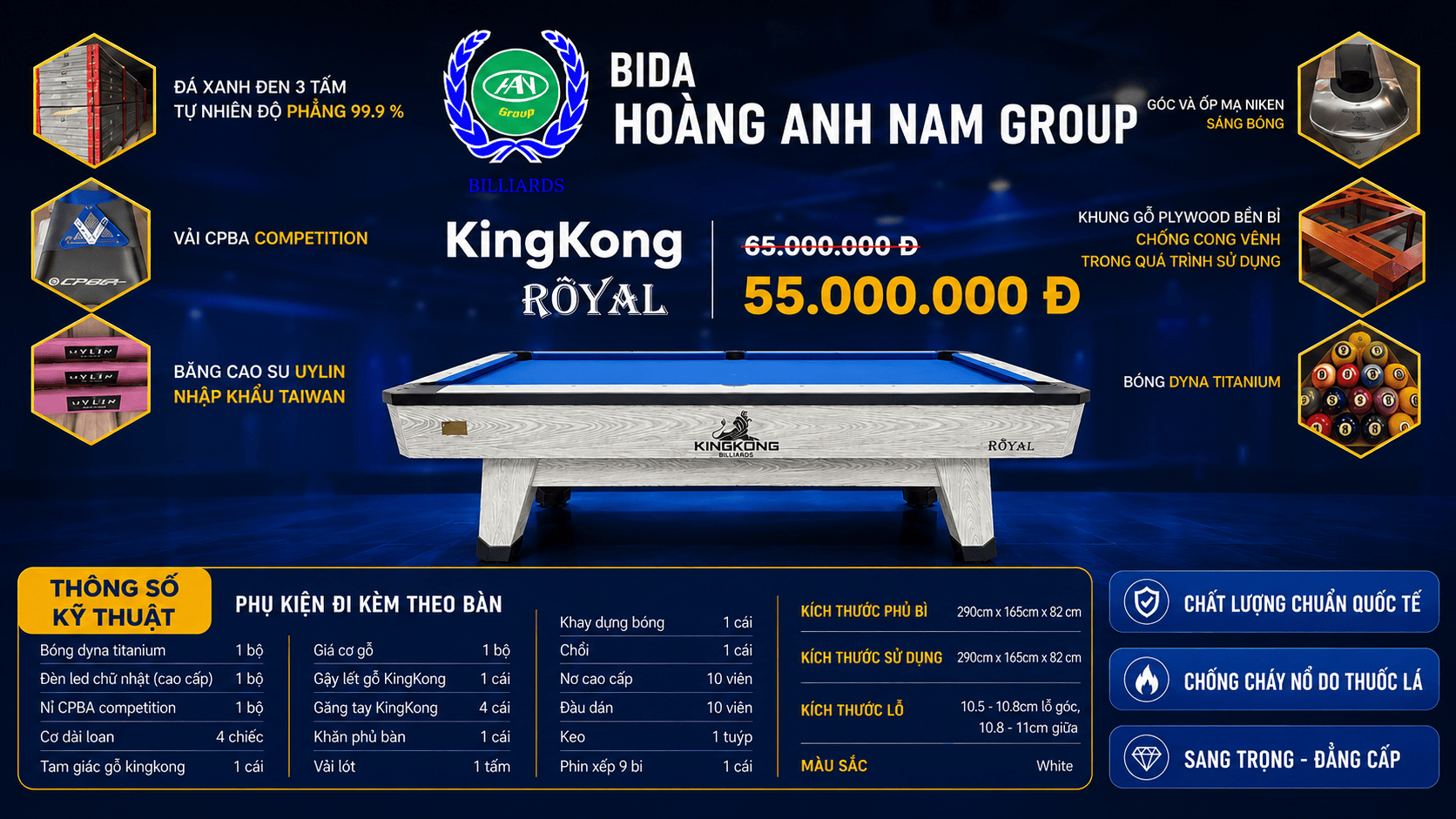 Bàn Bida Lỗ KingKong Royal | Bàn Mới 100% | BH 36 Tháng