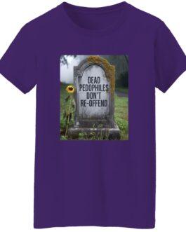 Purple women's graphic tee with a tombstone design that reads, "Dead Pedophiles Don't Re-Offend." The headstone, adorned with moss, stands in a misty, overgrown graveyard with a single sunflower.