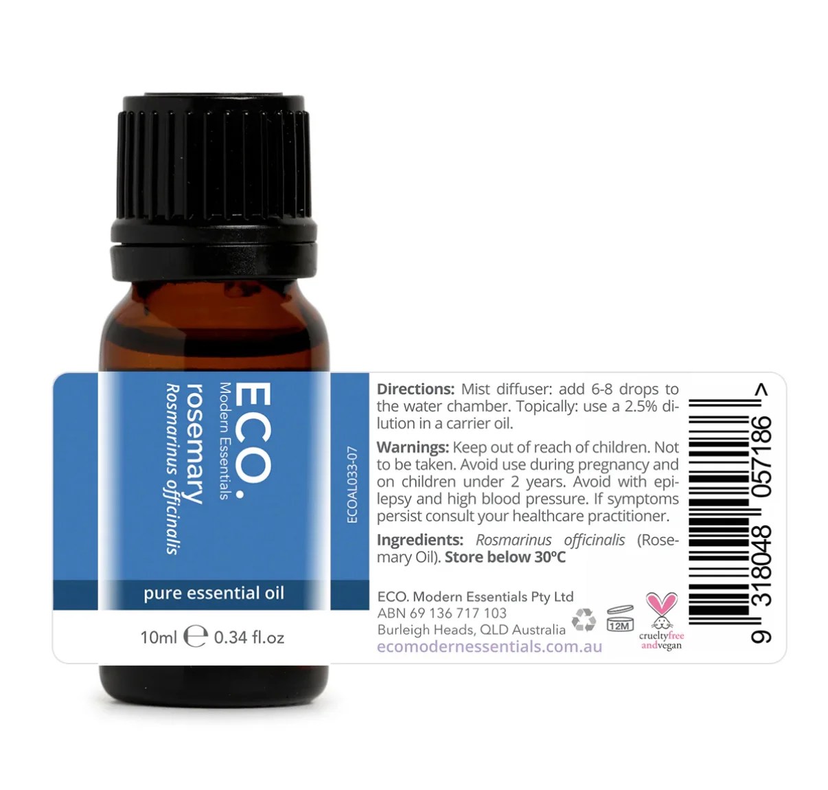 A brown glass bottle labeled ECO. Modern Essentials Rosemary Pure Essential Oil with a black cap. The label includes product details, directions, warnings, ingredients, barcode, and company info for this pure oil.