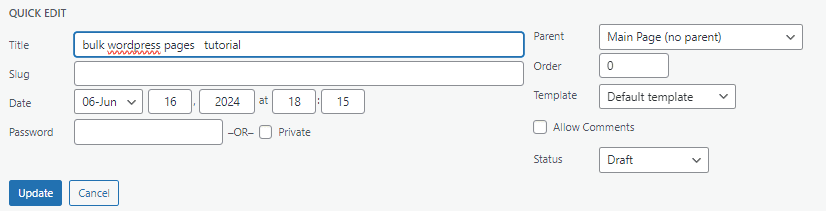 WordPress page quick edit form
