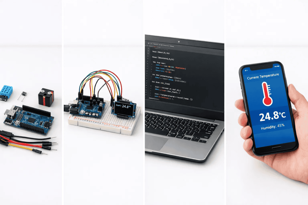 Step-by-step visual guide showing IoT temperature monitoring project build stages from components to working app