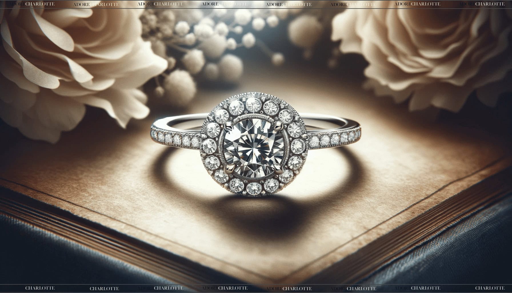 Detailed artistic image of a Halo Style 1/2 Carat Diamond Engagement Ring. The ring features a central diamond encircled by a halo of smaller diamonds, set in a vintage-inspired design. The ring is presented against a textured background, enhancing its vintage charm and modern elegance. The image captures the intricate beauty and timeless appeal of vintage engagement rings.