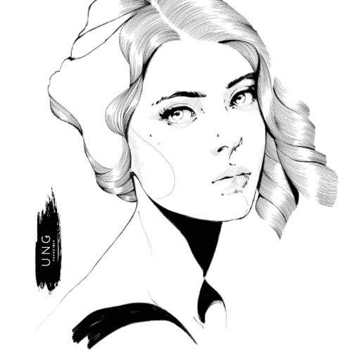 Zwart-wit illustratie van een vrouw met glamoureuze make-up van UNG