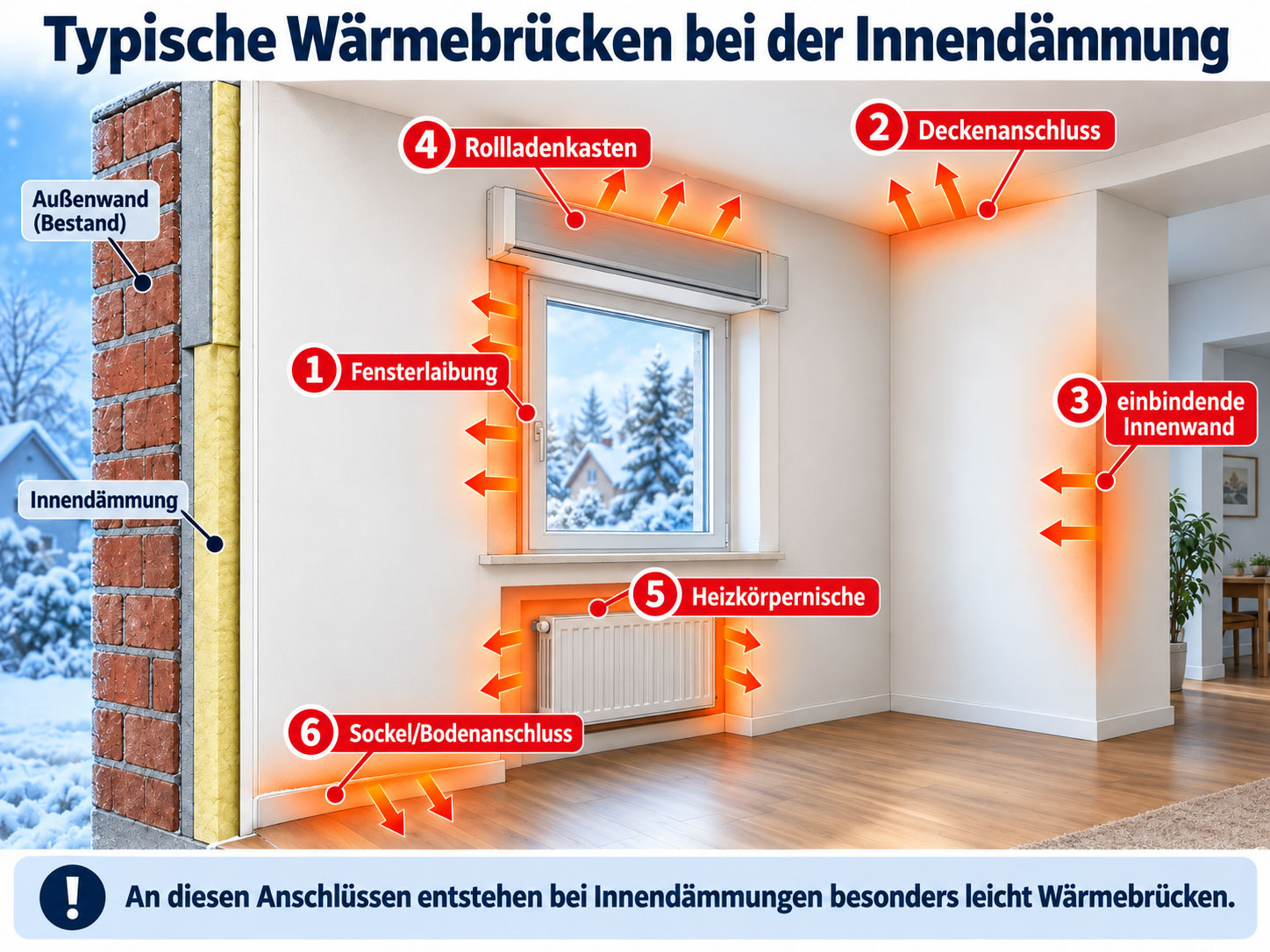 Schematischer Raum mit markierten Wärmebrücken an Fensterlaibung, Deckenanschluss, Innenwand, Rollladenkasten, Heizkörpernische und Sockel.