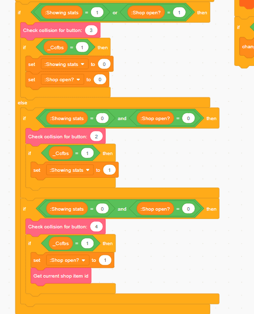 Scratch code handling button collisions to toggle stats display and shop menu states based on user input