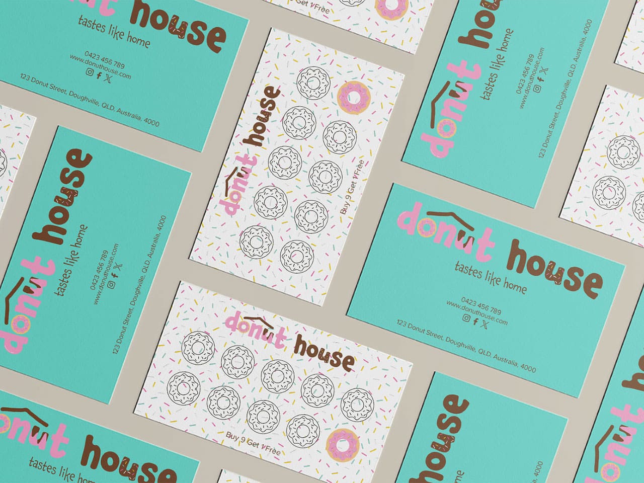Branding 1 Colourful business card designs for Donut House featuring teal, pink, and donut illustrations.