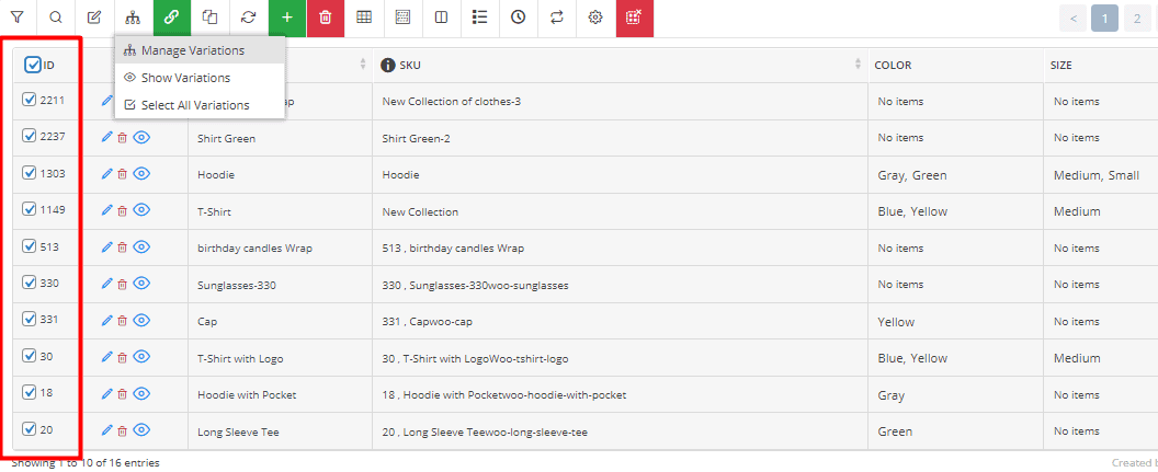 Mark all clothing product and select manage variations tool in WooCommerce product bulk edit plugin toolbar