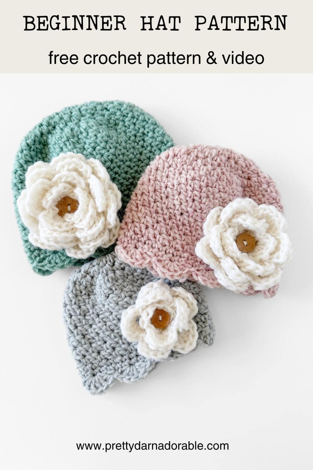 Pink, aqua and grey crochet hat with scalloped edging with crochet rose - free crochet beanie hat pattern