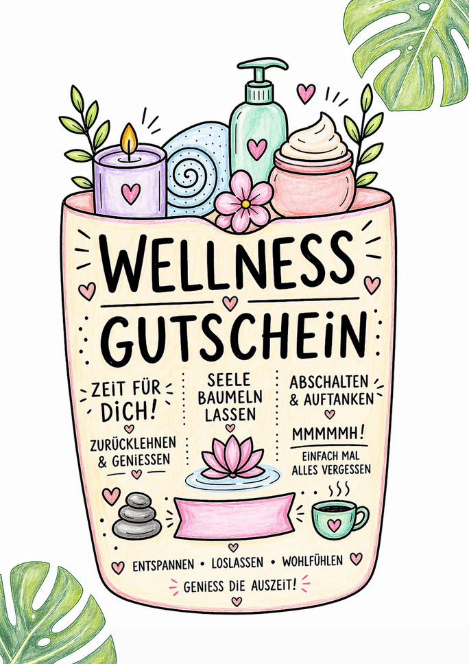 Der ausgedruckte Wellness-Gutschein noch individuell angemalt - bereit zum Verschenken!