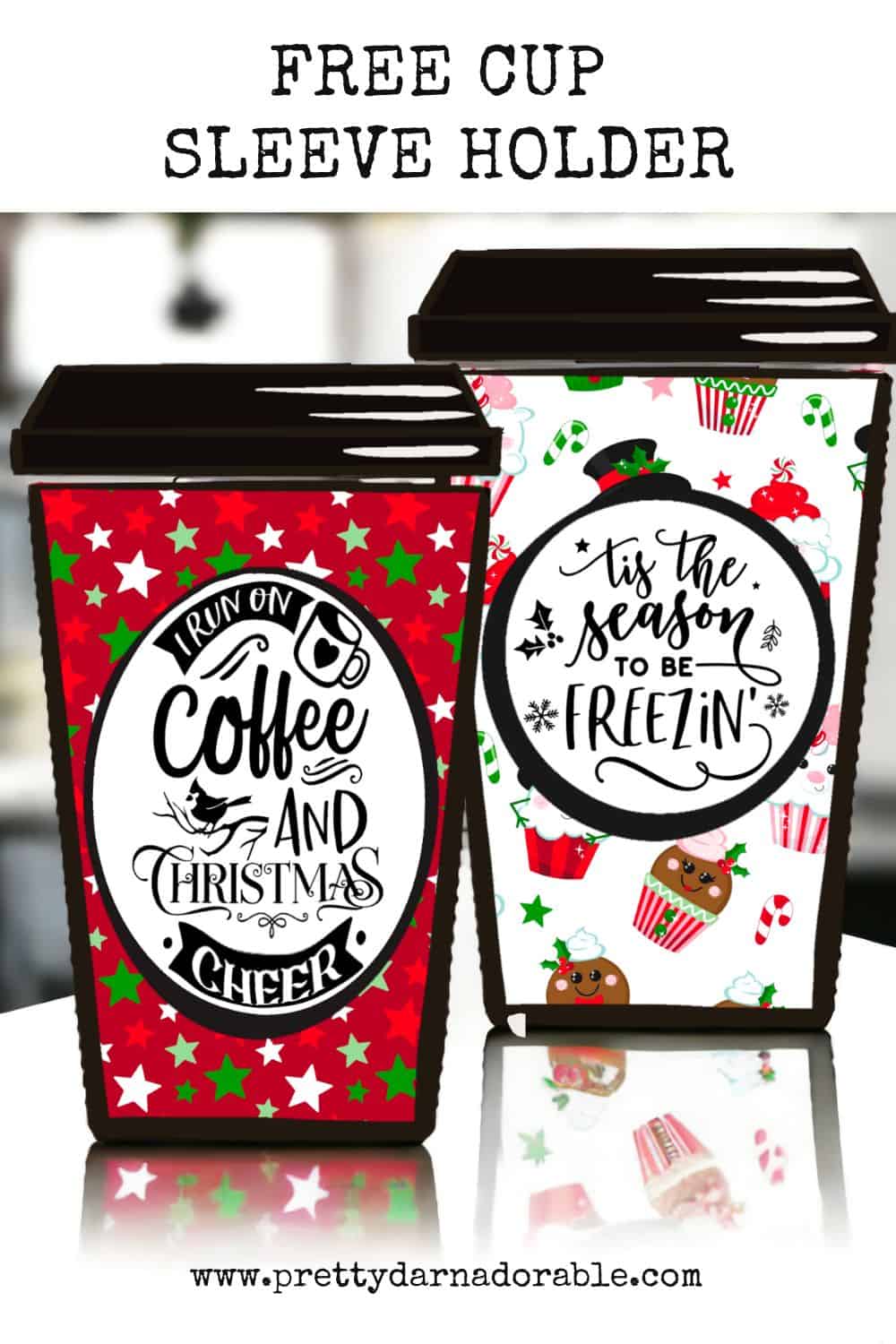 photo of two christmas coffee cup templates with christmas lights in the background