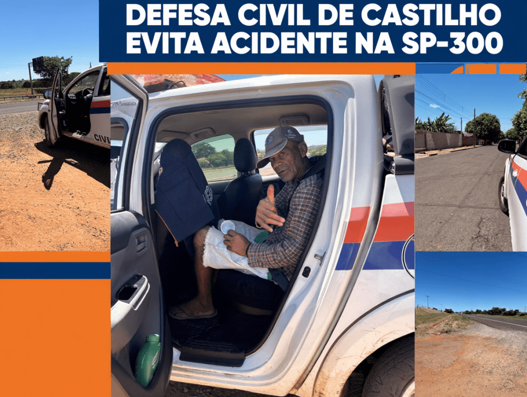 Viatura da Defesa Civil de Castilho em atendimento preventivo próximo à Rodovia Marechal Rondon, em área rural.