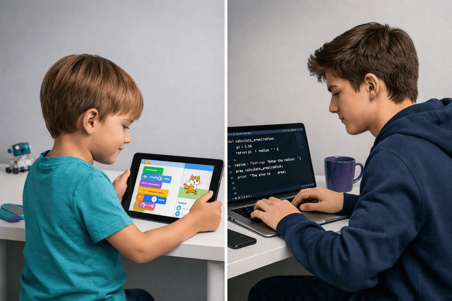 Side-by-side comparison of age-appropriate coding education showing young child with block-based programming and teenager with text-based Python code