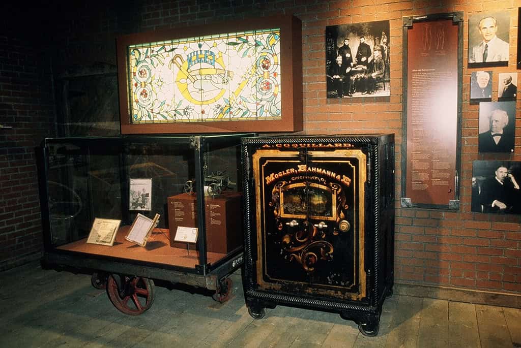 Wheels of Power industry safe Vintage safe and display case exhibit at The History Museum.