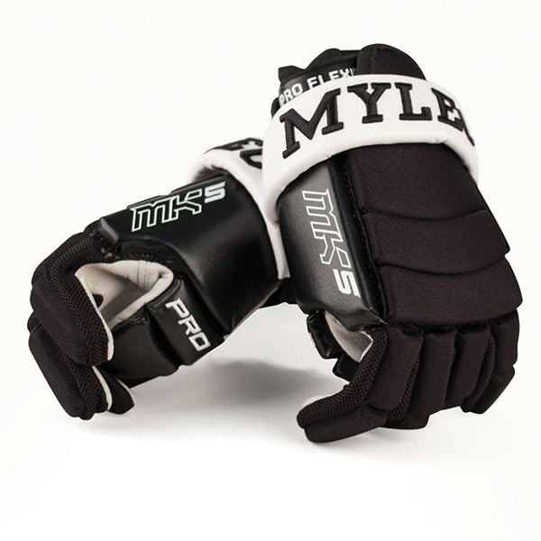 A pair of black and white Mylec MK5 Pro Player Gloves 13" with "MYLEC" and "MK5 PRO" branding on the cuffs and back.