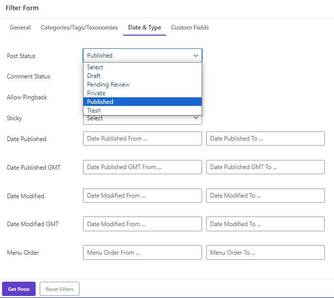 select-published-option-to-post-status-field in date & type tab filter form