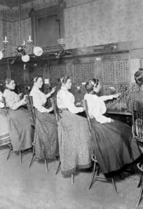 telephone operators ph 705 Vintage classroom with women working on early telecommunications at The History Museum.