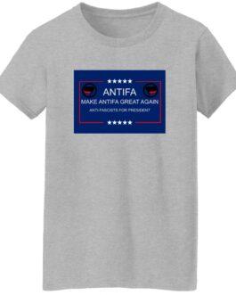 Sport grey "Make Antifa Great Again" T-shirt. The design features the Antifa logo and text "Anti-Fascists for President" in a blue box with red border and white stars.