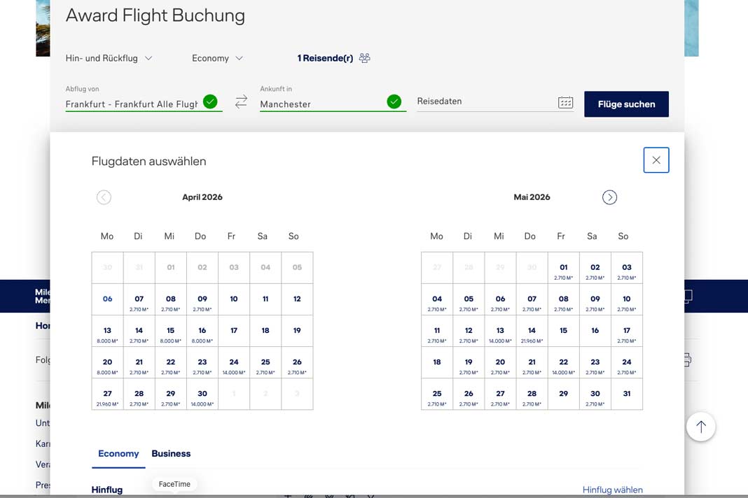 Flugsuche Prämienflüge auf der Website von Miles and More