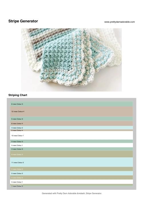 Stacked pastel blue, white, and beige crocheted washcloths above a labeled color chart showing yarn stripe order. result of random stripe generator