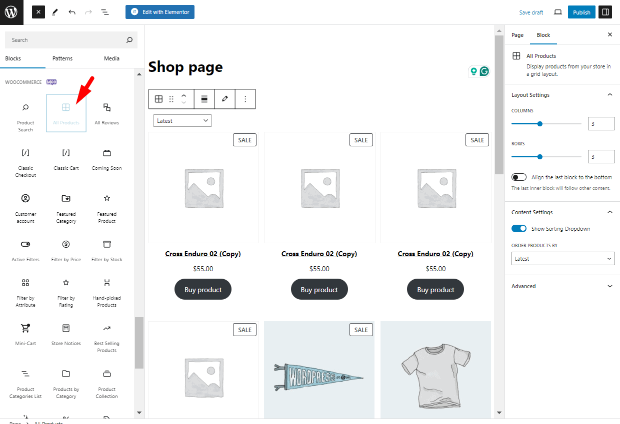 Insert All Products block in WordPress Shop page