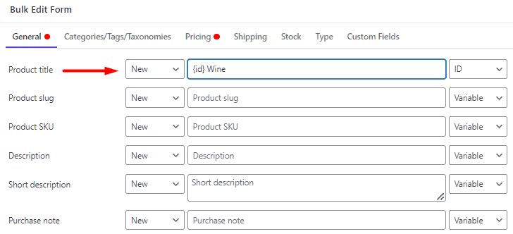 Bulk edit product title in WooCommerce bulk edit variations plugin