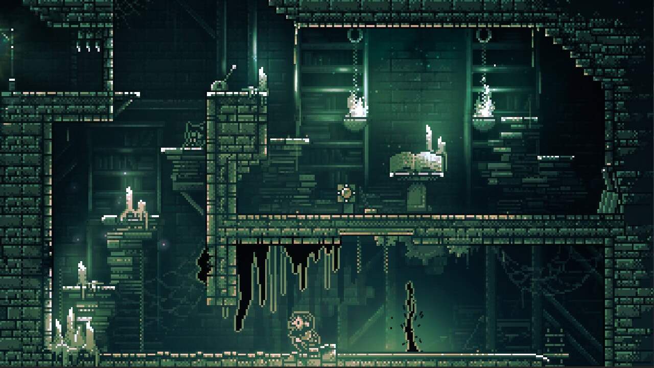 Pixel art sombre d'un jeu vidéo d'action dans un univers de donjon avec un décor de briques et de chandelles.