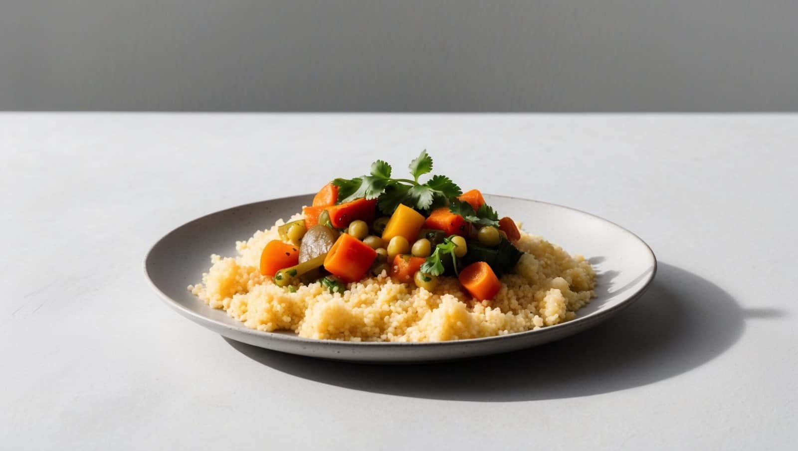 A vibrant plate of couscous topped with an assortment of colorful vegetables, garnished with fresh cilantro, offers a simple yet delightful recipe presentation on a plain background.