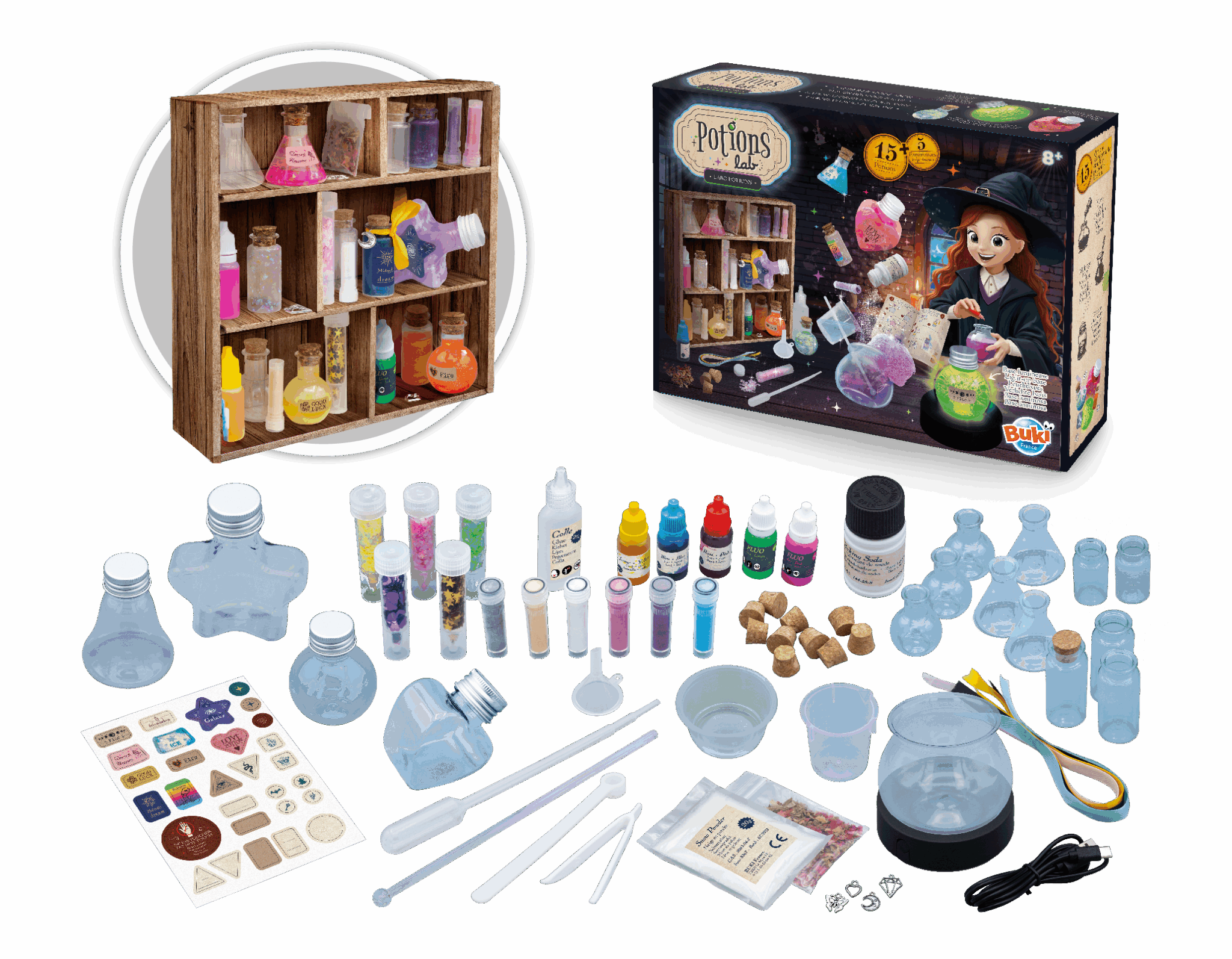 Pots à souffler, kit de laboratoire de sorcellerie pour enfant avec accessoires pour création de potions magiques, mélange de fioles colorées, poudres, stickers et outils de laboratoire en bois.