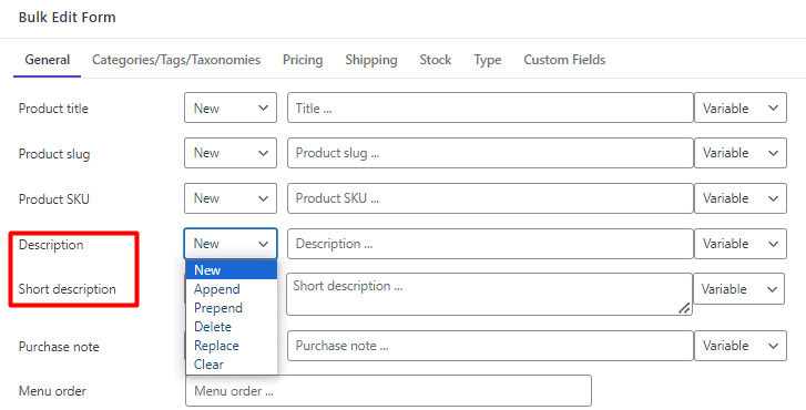 Bulk edit product description field