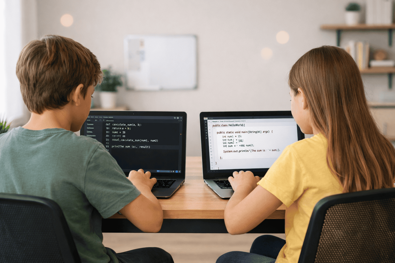 Two students learning Python and Java coding at ergonomic workstations in a well-lit classroom.