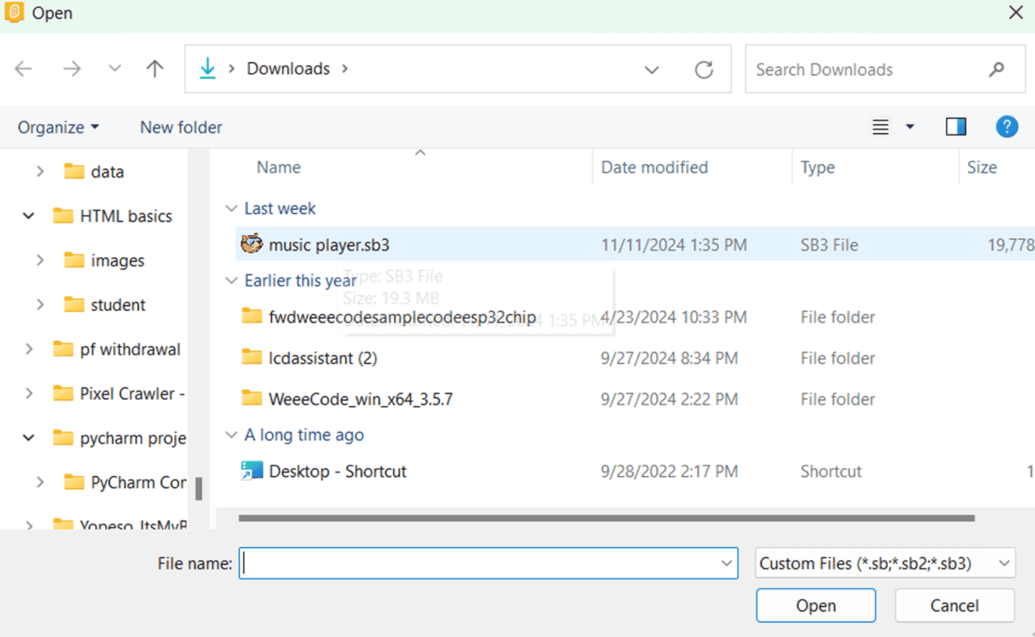Opening a Scratch music player project (.sb3) file from the computer