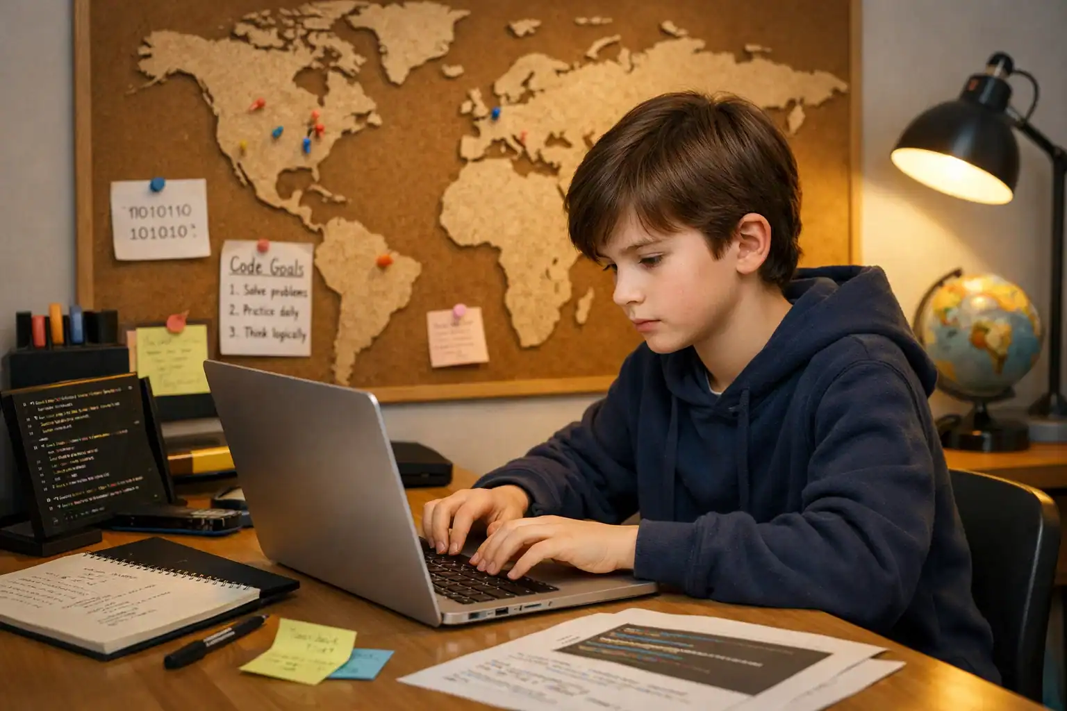 Child preparing for international coding competitions at a desk with laptop and world map