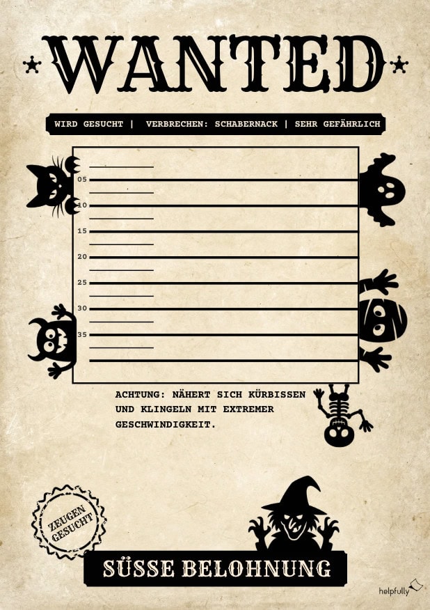 Halloween Papierdeko zum einfachen Basteln Wanted-Schild
