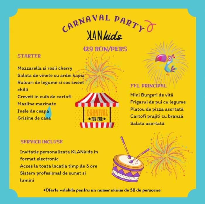 carnaval party meniu KLANkids loc de joaca logo