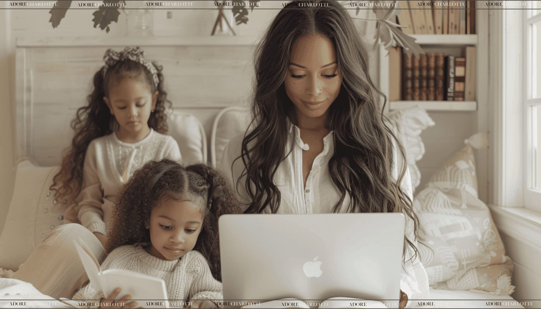 51 Passive Online Business Ideas for Moms, mom working on a laptop and kids reading.